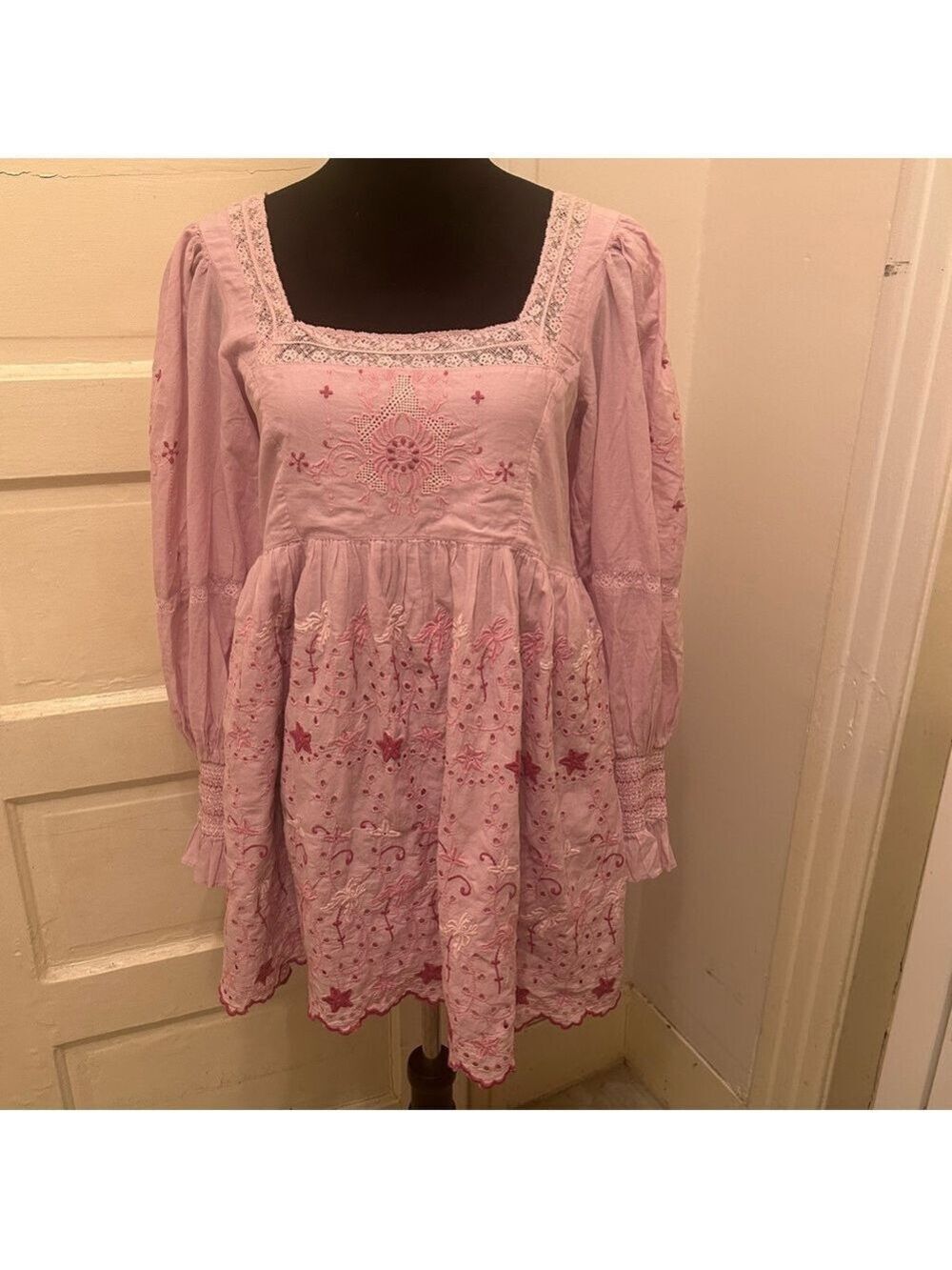 LoveShackFancy Pink Embroidered Babydoll Midi Dress Coquette Girl Romantic Boho